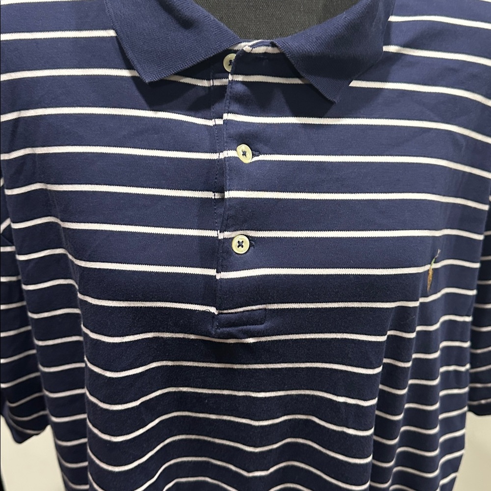 Navy and White Striped Polo Shirt